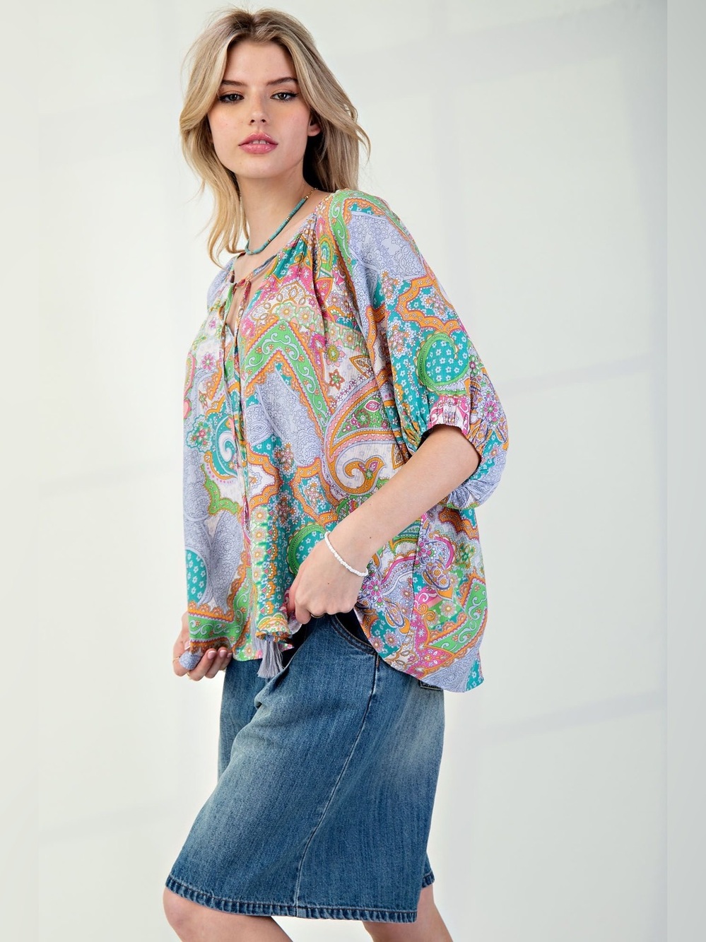 Easel Vintage Lime Printed Peach Blossom Woven Top - Picture 2 of 4